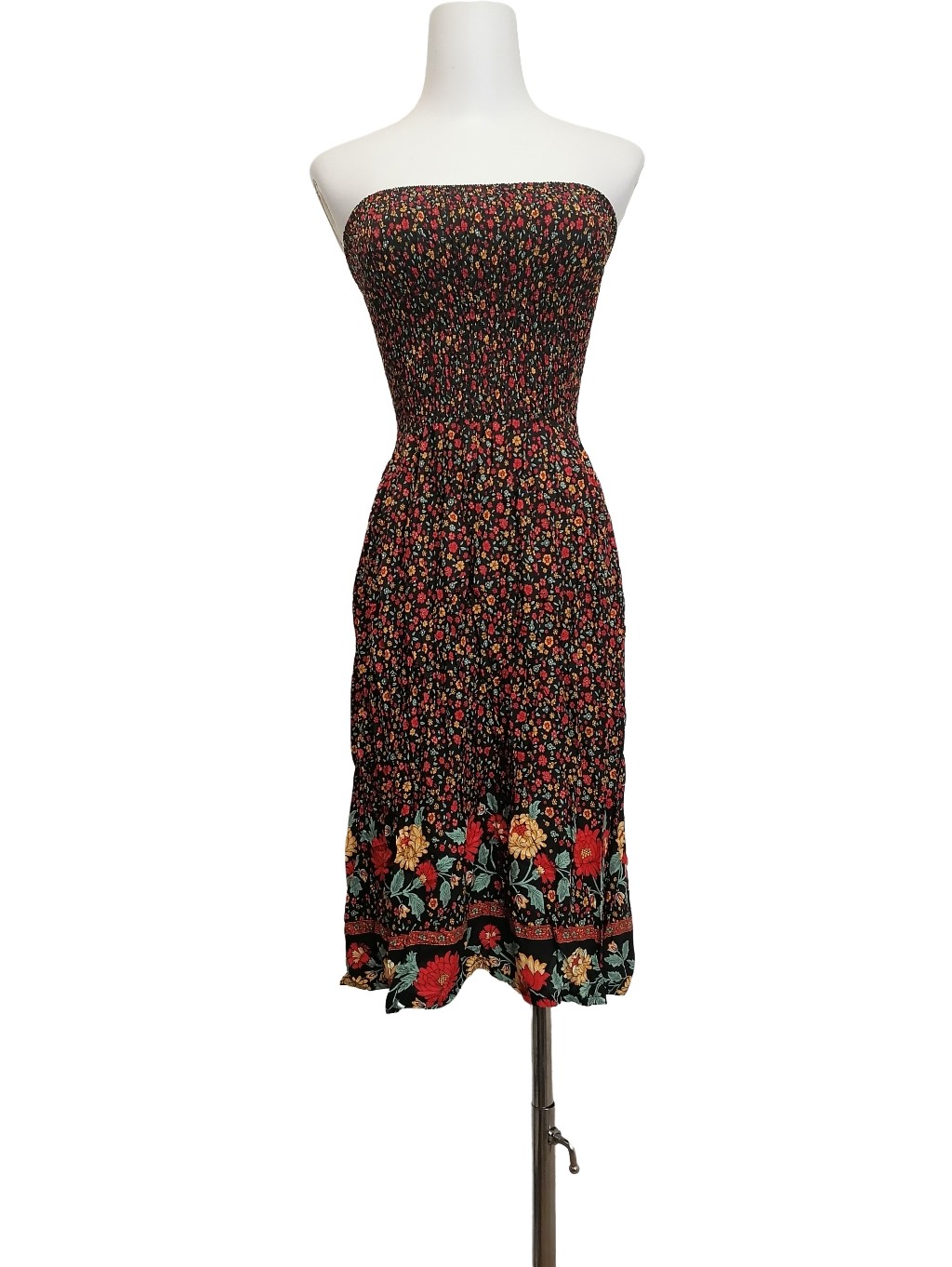 Strapless Black Floral Midi Dress